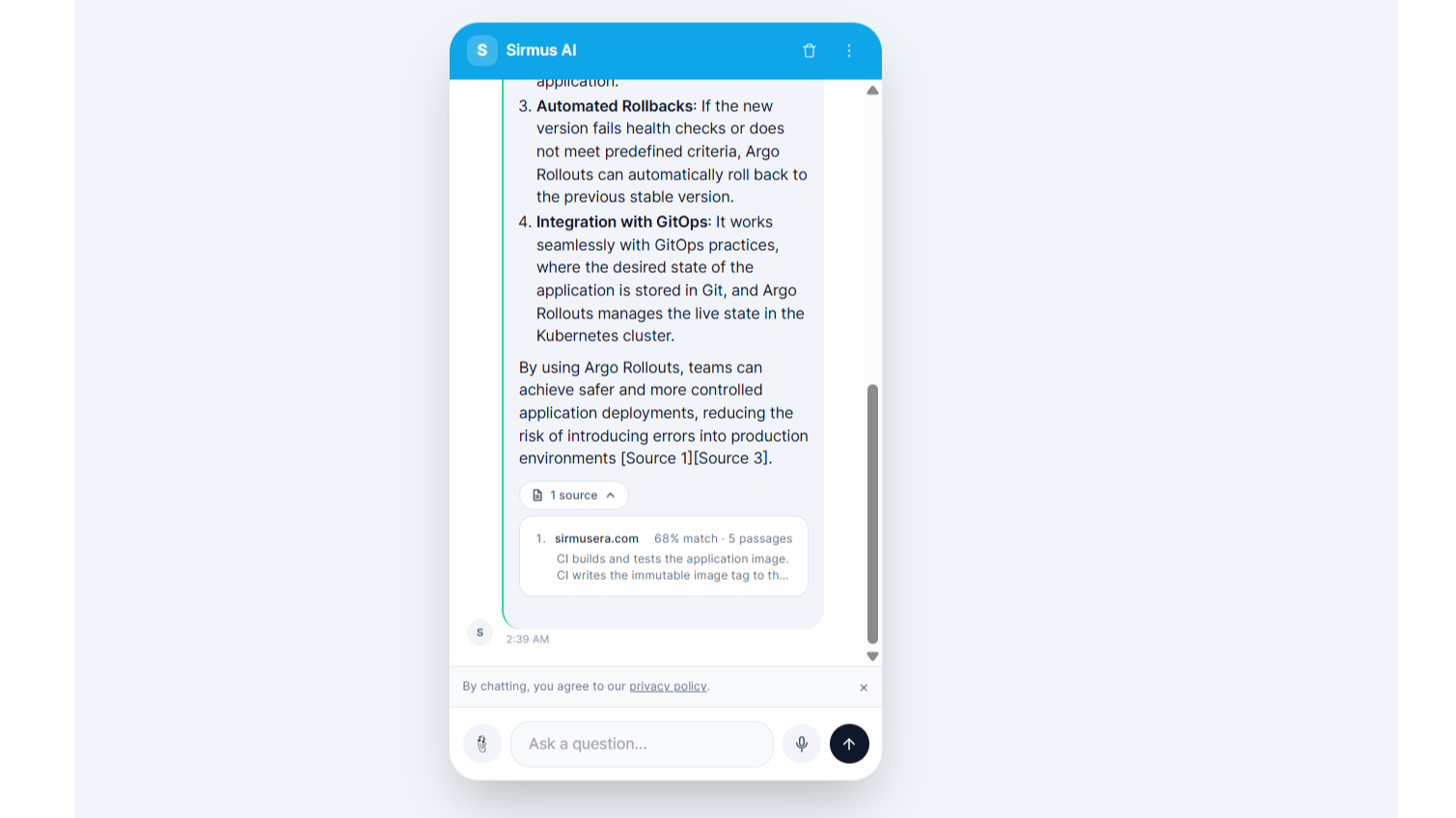 Zetra AI agent answering a customer with cited sources